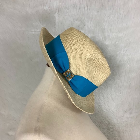 Tory Burch Accessories Tory Burch Straw Raffia Fedora Hat Turquoise